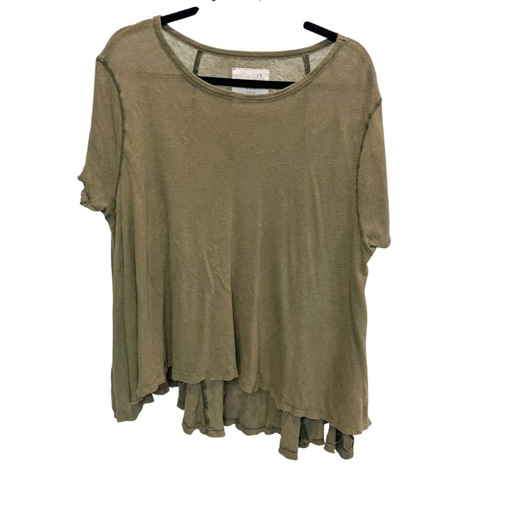 Free People Olive‎ Green Asymmetrical Swing Tee Linen Top Lagenlook Size XS/S